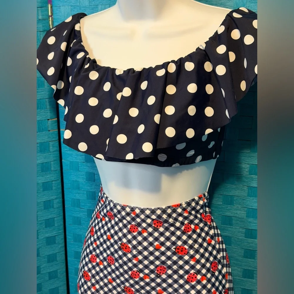Unique Vintage Retro Bikini Set Navy Dot Gingham Ladybug New